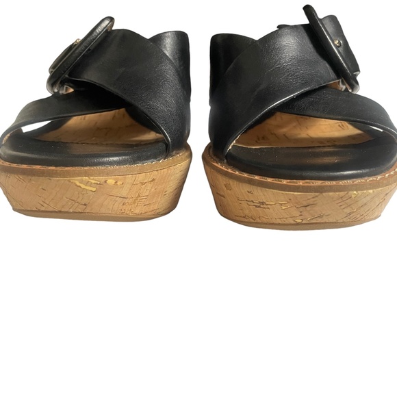 Sofft 9 Black Buckle Black Cross Strap Wedge Sandal 3" Heel - Picture 3 of 8